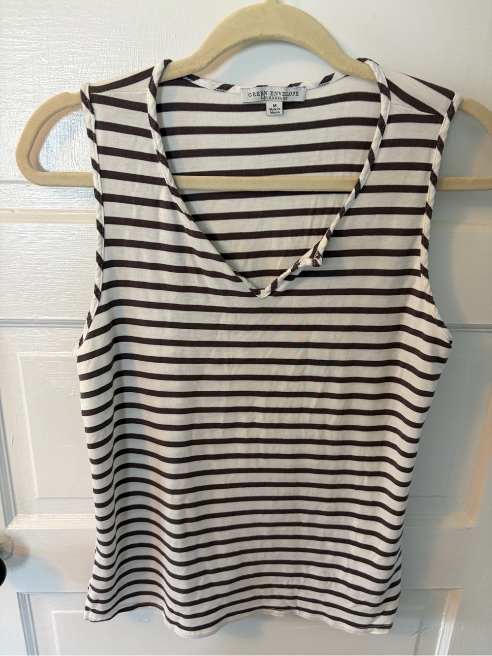 Green Envelope Women's Brown and White Striped Sleeveless V-Neck Top